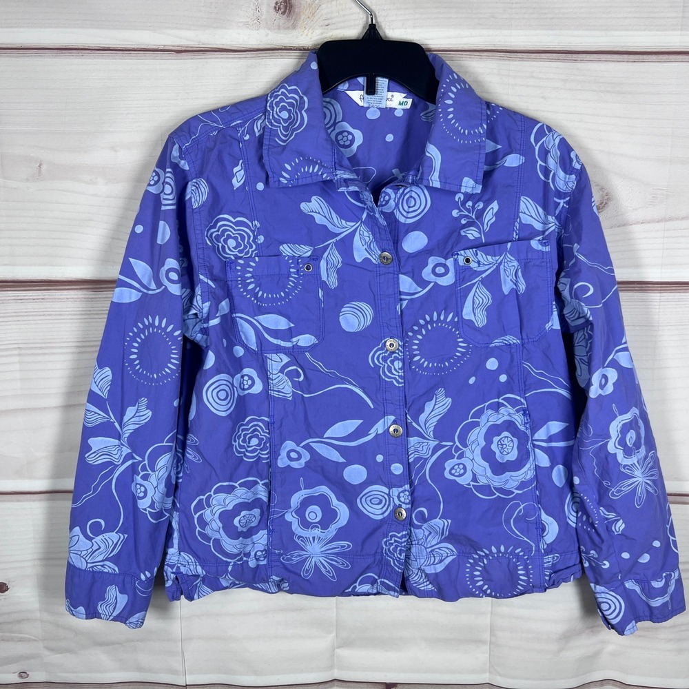 Fresh Produce Jacket Womens Medium Purple Floral Print Button Up Cotton Casual